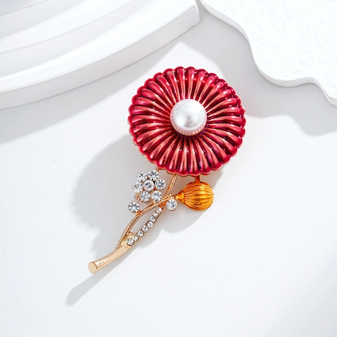 Spilla in Smalto a Fiore Rosso Vintage per Donna in Lega con Strass e Perla Artificial per Abito Completo Elegante Gioielli alla Moda Regalo