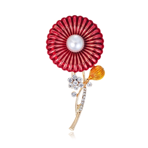 Spilla a Forma di Margherita in Smalto Rosso Lega di Zinco Perla Artificiale Strass Floreale per Donna Gioielli alla Moda