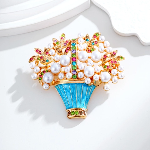 Fashion Flower Basket Brooch Alloy White Imitation Pearl Colorful Rhinestone Pin For Women Party Banquet Wedding Accessory