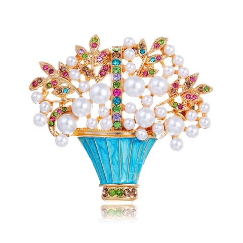Spilla Cesto di Fiori in Lega Vintage Con Strass e Perla Artificiale Elegante Spilla Bouquet Smalto Gioielli per Donna Matrimonio