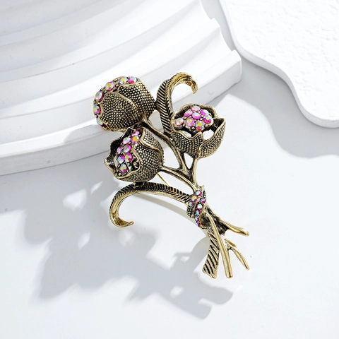 Spilla a Forma di Bouquet di Rose in Lega Vintage con Strass per Donna Oro Argento Antico Elegante Gioielli per Matrimonio