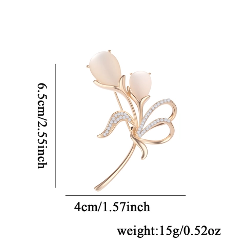 Elegante Tulp Bloem Brosche Van Zinklegering Met Kattenoogsteen En Strass Rose Goud Pin Voor Vrouwen Bruiloft Sieraden