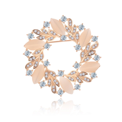 Elegant Rose Gold Zinc Alloy Wreath Brooch With Artificial Cat Eye Stone And Rhinestone Fashion Petal Jewelry For Women