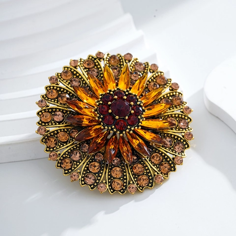 Spilla a Forma di Girasole in Lega d'Oro Vintage con Strass per Donna Moda Grande Corsage Floreale per Cappotto Abito Gioielli
