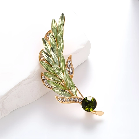 Vintage Weizenähren Blatt Brosche Pin Für Damen Herren Zinklegierung Grüne Marquise Kristall Strass Elegante Corsage Schmuck