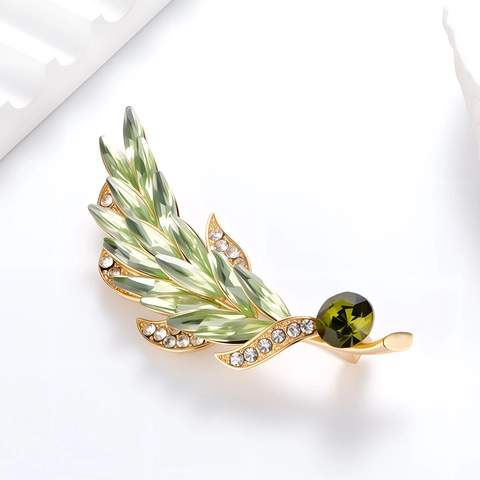Vintage Weizenähren Blatt Brosche Pin Für Damen Herren Zinklegierung Grüne Marquise Kristall Strass Elegante Corsage Schmuck