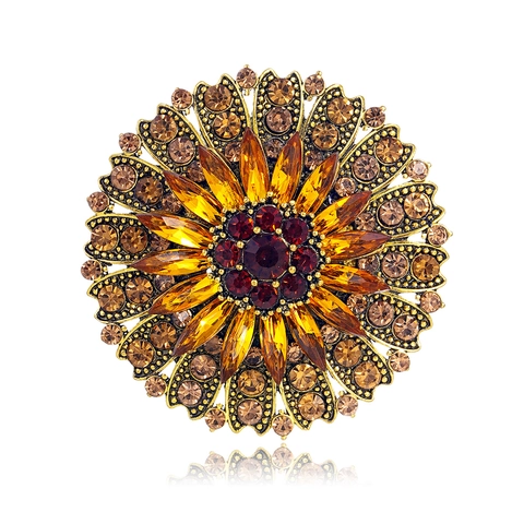 Vintage Gold Zinc Alloy Sunflower Brooch With Multi Color Rhinestone For Women Elegant Fashion Floral Corsage Jewelry Gift