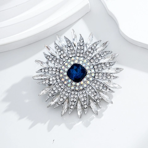 Luxus Legierung Strass Sonnenblume Brosche Für Damen Elegant Blau Kristall Blume Pin Für Hochzeit Party Mode Accessoires