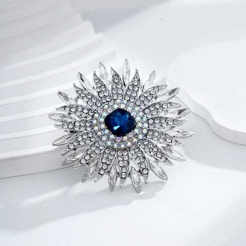 Luxus Legierung Strass Sonnenblume Brosche Für Damen Elegant Blau Kristall Blume Pin Für Hochzeit Party Mode Accessoires