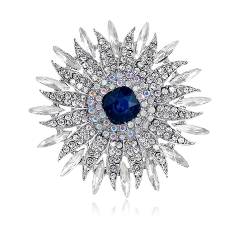 Elegante Spilla Girasole in Lega di Zinco Cristallo Blu Scuro Strass Spilla per Donna Abito da Festa Gioielli di Moda Regalo