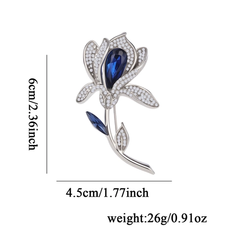 Squisita Spilla a Forma di Tulipano Elegante Francese Lega di Zinco Strass Vetro Magnolia Fiore Spilla Blu Argento Gioielli Donna