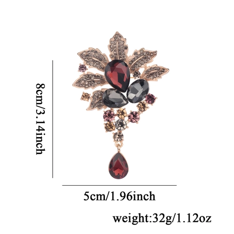 Vintage Zinc Alloy Rhinestone Flower Brooch With Water Drop Pendant High-end Retro Corsage Pin For Suit Coat Women Jewelry