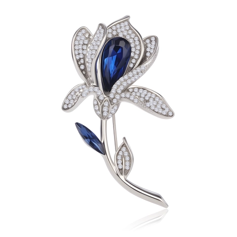 Squisita Spilla a Forma di Tulipano Elegante Francese Lega di Zinco Strass Vetro Magnolia Fiore Spilla Blu Argento Gioielli Donna