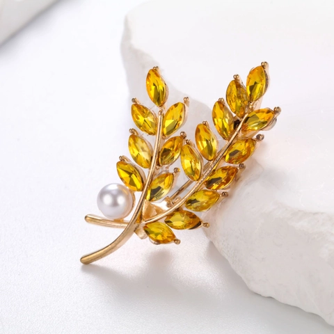 Elegant Wheat Ear Brooch Pin For Women Gold Plated Alloy Crystal Pearl Brooches Accessories For Wedding Banquet Party Jewelry
