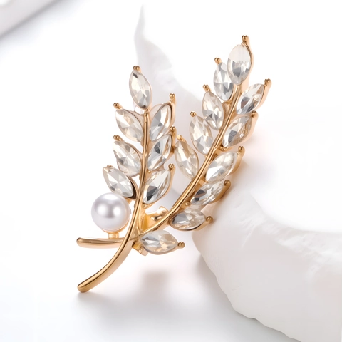 Elegant Wheat Ear Brooch Pin For Women Gold Plated Alloy Crystal Pearl Brooches Accessories For Wedding Banquet Party Jewelry