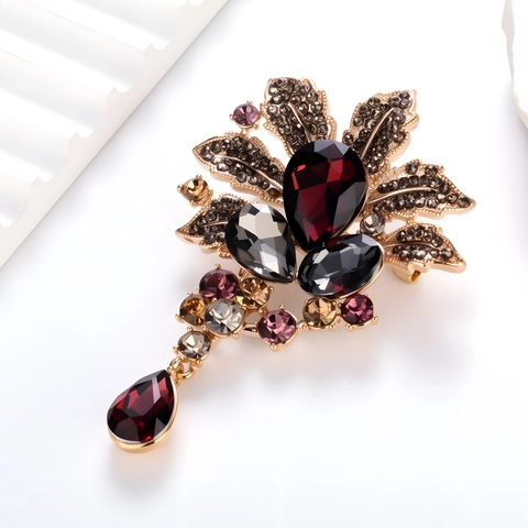 Vintage Alloy Flower Leaf Brooch With Multicolored Crystals Water Drop Pendant Luxury Rhinestone Corsage For Women