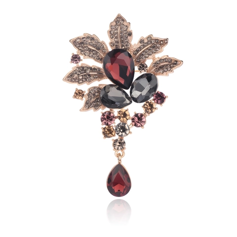 Vintage Zinc Alloy Rhinestone Flower Brooch With Water Drop Pendant High-end Retro Corsage Pin For Suit Coat Women Jewelry
