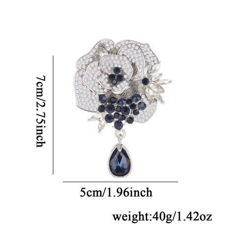 Vintage Elegant Rose Flower Brooch For Women Alloy Deep Blue Rhinestone Crystal Teardrop Pendant Corsage Fashion Jewelry Accessory