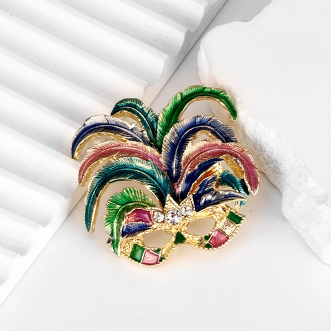 Vintage Venice Mask Feather Brooch Colorful Enamel Rhinestone Inlaid Zinc Alloy Pin For Carnival Masquerade Party Jewelry Accessory