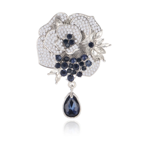 Vintage Elegant Rose Flower Brooch For Women Alloy Deep Blue Rhinestone Crystal Teardrop Pendant Corsage Fashion Jewelry Accessory