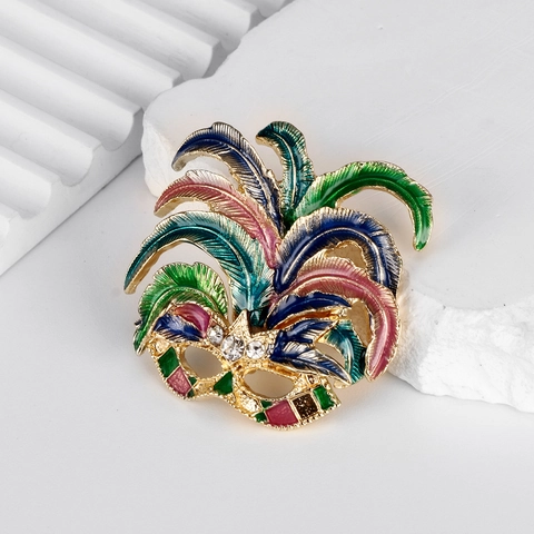 Vintage Venice Mask Feather Brooch Colorful Enamel Rhinestone Inlaid Zinc Alloy Pin For Carnival Masquerade Party Jewelry Accessory