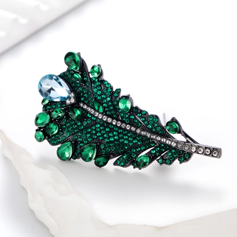 Vintage Heavy Craft Feather Brooch For Women Alloy Rhinestone Leaf Corsage Pin Luxury Wedding Banquet Apparel Jewelry Gift