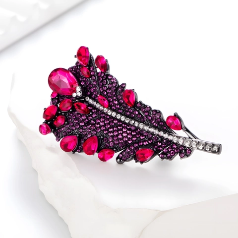 Vintage Heavy Craft Feather Brooch For Women Alloy Rhinestone Leaf Corsage Pin Luxury Wedding Banquet Apparel Jewelry Gift