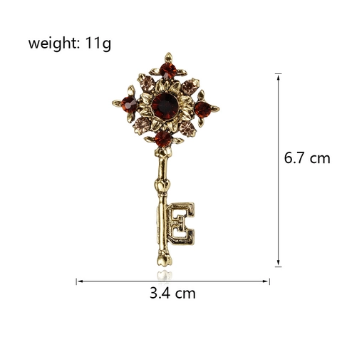 Vintage Antikgold Schlüssel Brosche Für Damen Strass Eingelegt Blume Pin Bekleidung Zubehör Elegant Bankett Schmuck Geschenk