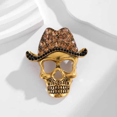 Vintage Alloy Rhinestone Skull Brooches With Crown Cowboy Military Hat Gothic Punk Skeleton Pins For Halloween Jewelry