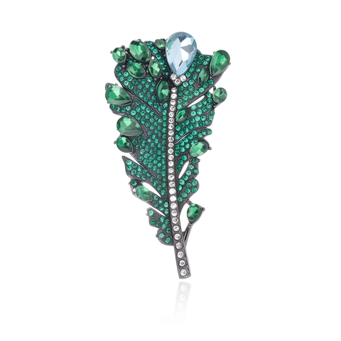 Vintage Zinc Alloy Rhinestone Feather Brooch For Women Elegant Emerald Green Pink Leaf Shape Suit Dress Pin Jewelry Gift