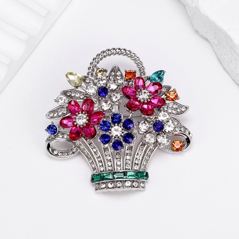Broche Panier de Fleurs de Luxe en Alliage de Zinc Strass Cristaux Multicolores Bouquet Pin pour Femmes Bijoux de Mode Cadeau