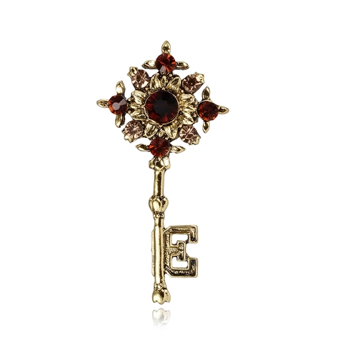 Vintage Antikgold Schlüssel Brosche Für Damen Strass Eingelegt Blume Pin Bekleidung Zubehör Elegant Bankett Schmuck Geschenk