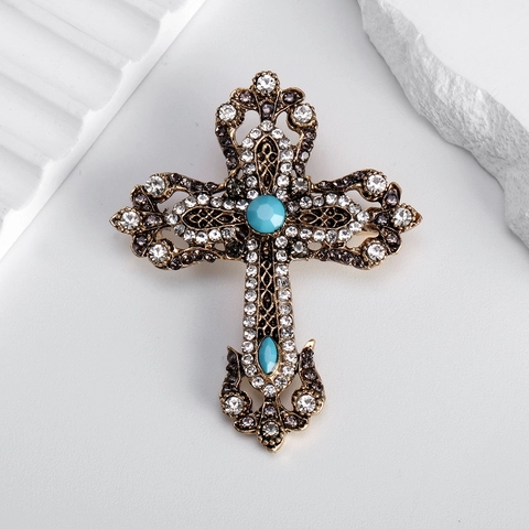 Broche Croix Gothique Vintage Pour Hommes Femmes Alliage Or Antique Incrusté de Strass Turquoise Synthétique Épingle de Costume
