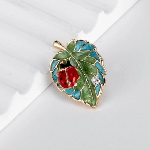 Squisita Spilla a Forma di Foglia e Coccinella in Smalto per Donna Lega Strass Stile Naturale Gioielli Botanici Regalo Elegante