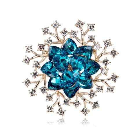 Elegant Blue Flower Brooch Pin For Women Gold Plated Zinc Alloy Rhinestone Crystal Floral Brooch Accessory For Wedding Banquet