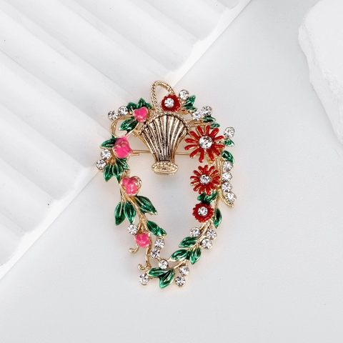 Elegant Alloy Enamel Flower Basket Brooch With Sparkling Rhinestones Gold Plated Vintage Floral Pin For Women Suit Jewelry