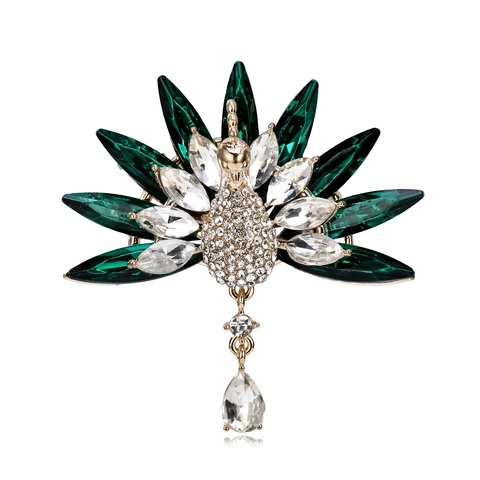 Eleganter Pfau Brosche Zinklegierung Vintage Smaragdgrün Weiß Strass Reversnadel Mit Wassertropfen-Anhänger Für Damen Geschenk