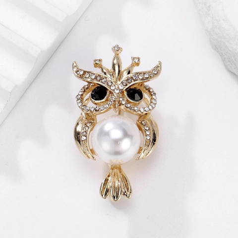 Broche de Búho de Perla Artificial Creativa Aleación Chapada en Oro Diamantes de Imitación Alfiler de Solapa Animal para Mujer Abrigo Traje Joyería