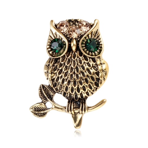 Spilla Gufo Vintage per Uomo Donna in Lega Oro Antico Spilla da Risvolto Animale Con Occhi in Strass Verde Gioielli Regalo