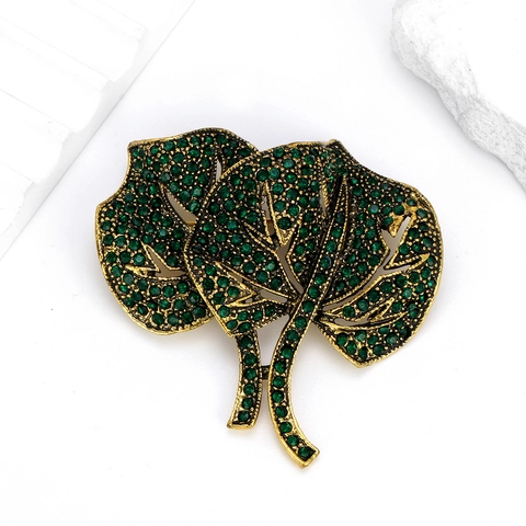 Vintage Luxury Alloy Rhinestone Double Leaf Brooch Pin For Women Gold Plated Ginkgo Leaf Pin Wedding Party Jewelry Accessories
