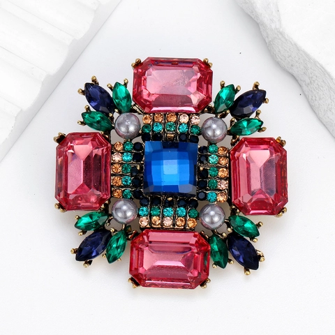 Vintage Alloy Multi-Color Rhinestone Brooch Women Cross Flower Design With Imitation Pearl Banquet Party Jewelry Pin