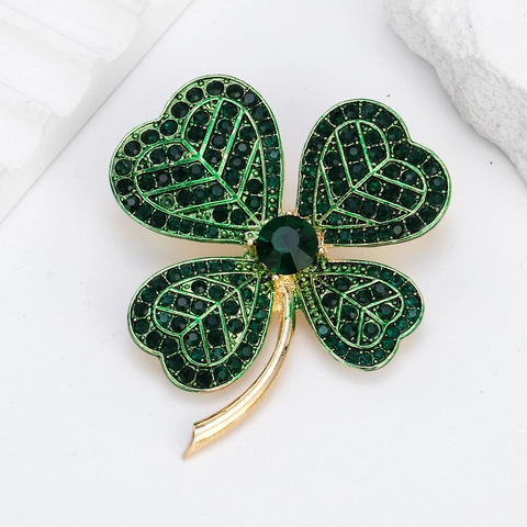 Vintage Alloy Green Rhinestone Four-leaf Clover Brooch For Women Elegant Gold Plated Enamel Plant Breastpin Jewelry Accessory Gift