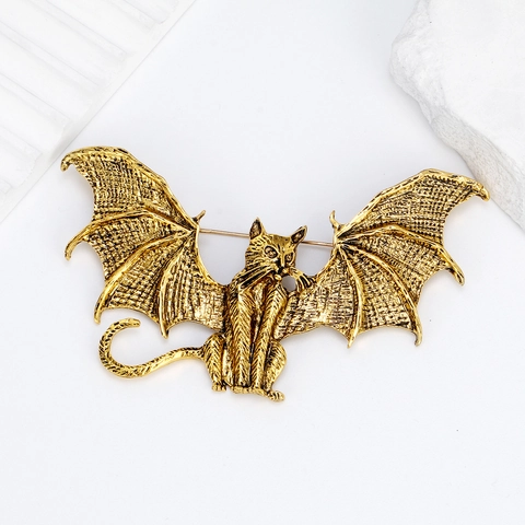 Gothic Vintage Cat Bat Wing Brooch Alloy Animal Lapel Pin Antique Gold Silver Punk Jewelry For Halloween Party Gift