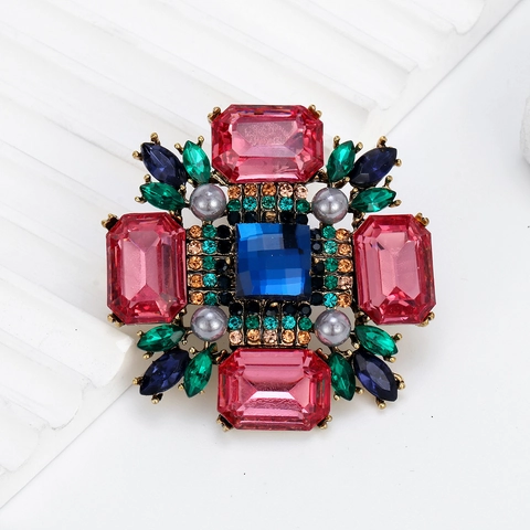 Vintage Alloy Multi-Color Rhinestone Brooch Women Cross Flower Design With Imitation Pearl Banquet Party Jewelry Pin