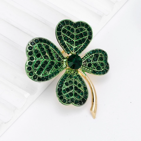 Vintage Alloy Green Rhinestone Four-leaf Clover Brooch For Women Elegant Gold Plated Enamel Plant Breastpin Jewelry Accessory Gift