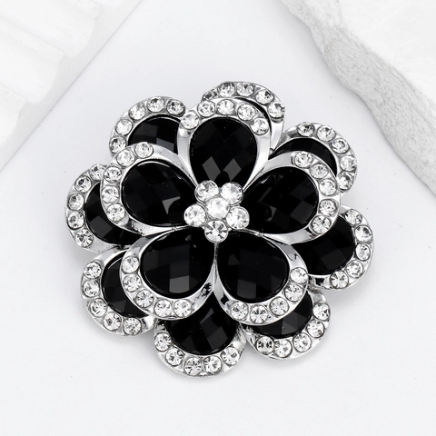 Elegante Spilla a Forma di Fiore di Camelia in Lega con Strass Petalo Nero Base Argento Vintage Moda Gioielli per Donna