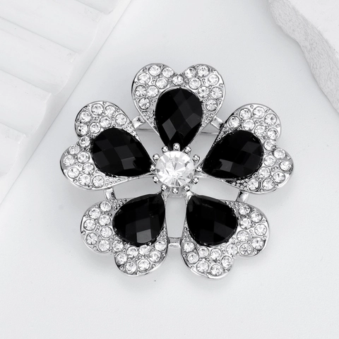Elegant Flower Brooch With Black Water Drop Gemstone Rhinestone Embellished Silver Alloy Corset Pin For Women Wedding Jewelry