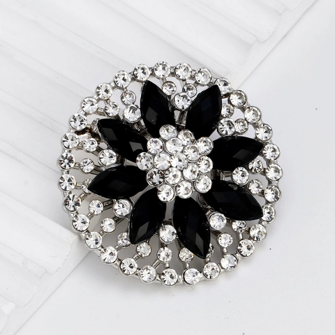 Vintage Legierung Blume Brosche Mit Schwarzen Marquise Kristall Strass Runde Korsage Pin Für Hochzeit Bankett Party Damen Schmuck