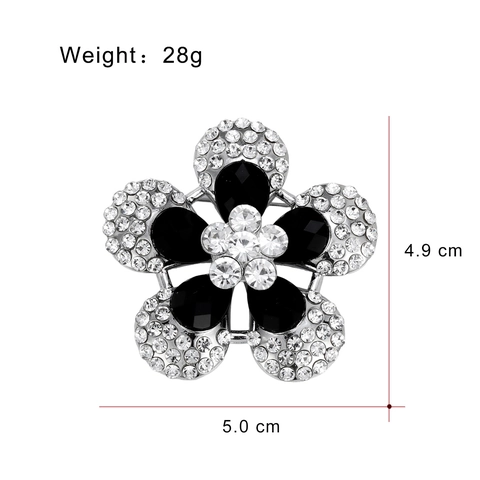 Elegant Zinc Alloy Rhinestone Flower Brooch For Women Vintage Black Gemstone Suit Lapel Pin Fashion Jewelry Accessory