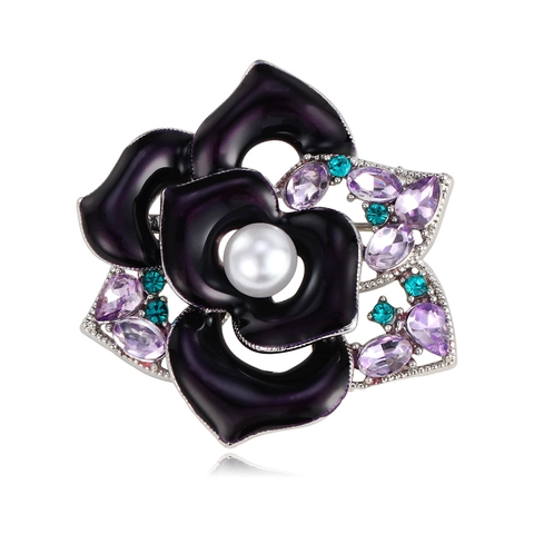Eleganter Lila Kamelienblumen Brosche Pin Für Damen Zinklegierung Emaille Künstliche Perle Strass Eingelegter Blumen Corsage Schmuck